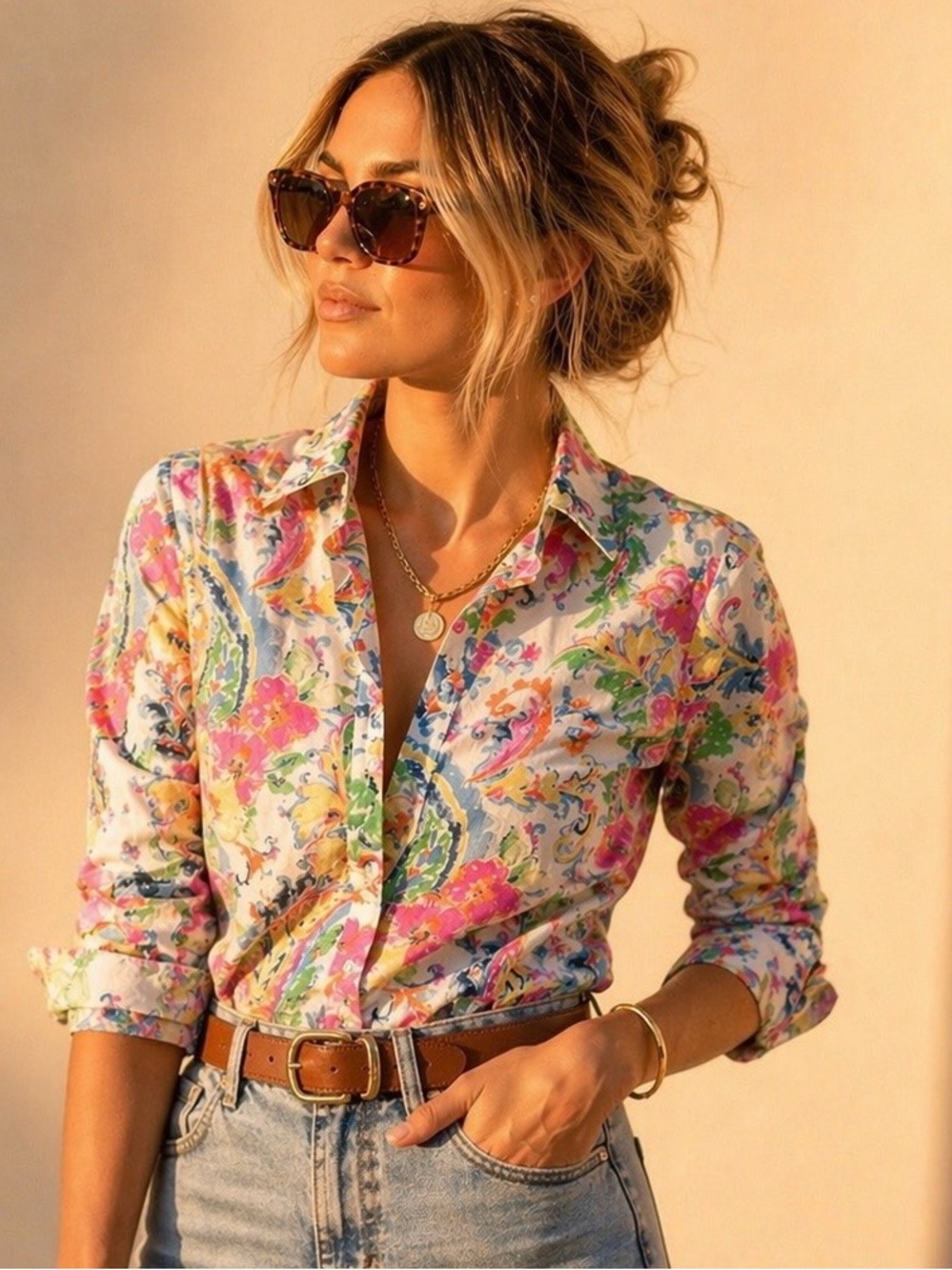 Lauren Ralph Lauren Floral Button Down shirt 12 Slim Cotton Stretch Preppy